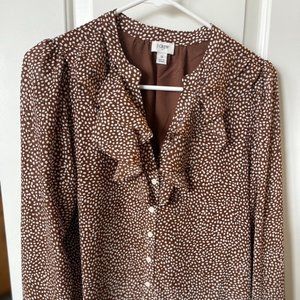 J. Crew Brown Polka Dot Ruffle Blouse S